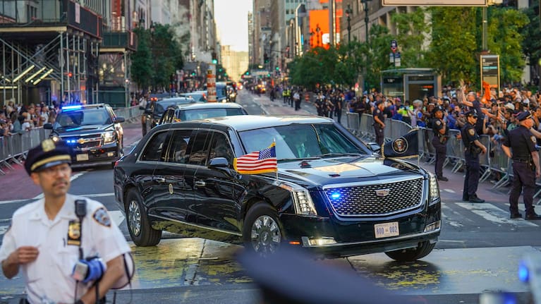 The motorcade of President Donald Trump arrives to Madison Square Garden ahead of Game 3 of the NBA Finals basketball series, Monday, June 8, 2026, in New York.