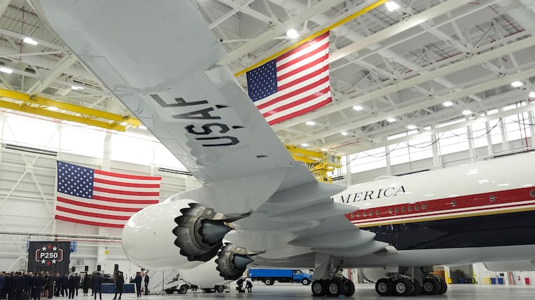 The newly designated Air Force One presidential aircraft sits in a hangar following a tour by President Donald Trump at Joint Base Andrews, Md., Friday, June 19, 2026.