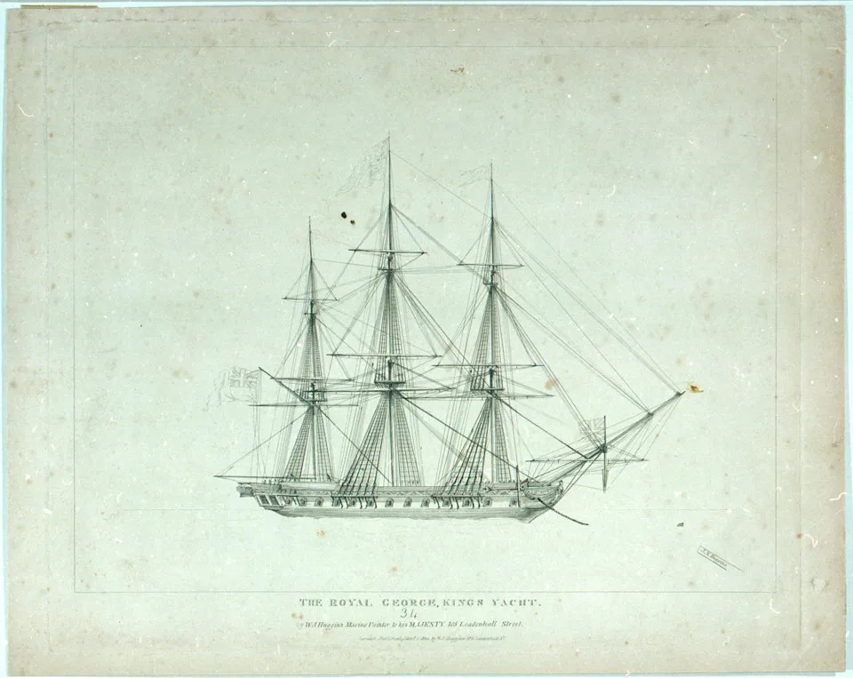 Historical illustration of the British royal yacht Royal George, a 19th-century sailing vessel.