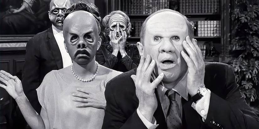 Several people wearing masks and looking ahead at the camera in The Twilight Zone