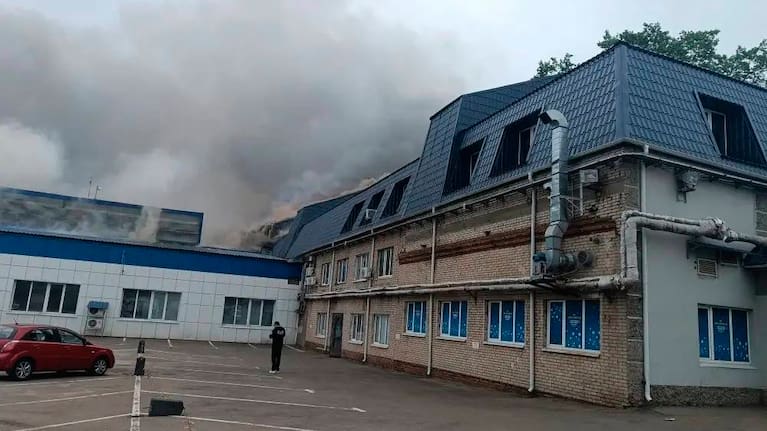 This photo provided by Moscow Region Governor Andrei Vorobyev's official telegram channel shows smoke rising from a damaged building.