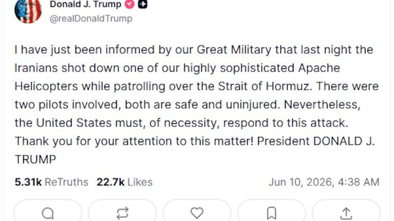 Trump said in a social media post that military officials told him “the Iranians shot down one of our highly sophisticated Apache Helicopters".