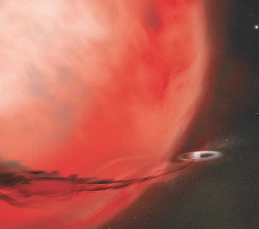Illustration showing a white dwarf syphoning gas off a red giant.