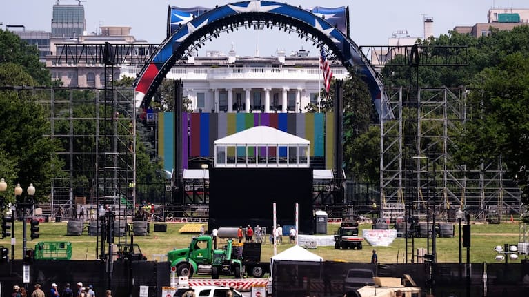 Workers continue building the cage for a future UFC fight on the South Lawn in front of the White House, Friday, June 5, 2026, in Washington.
