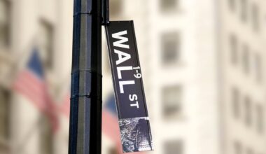 A Wall Street sign falling off its signpost.
