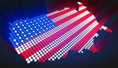 A map of the United States made up of small lights that look like the American flag.