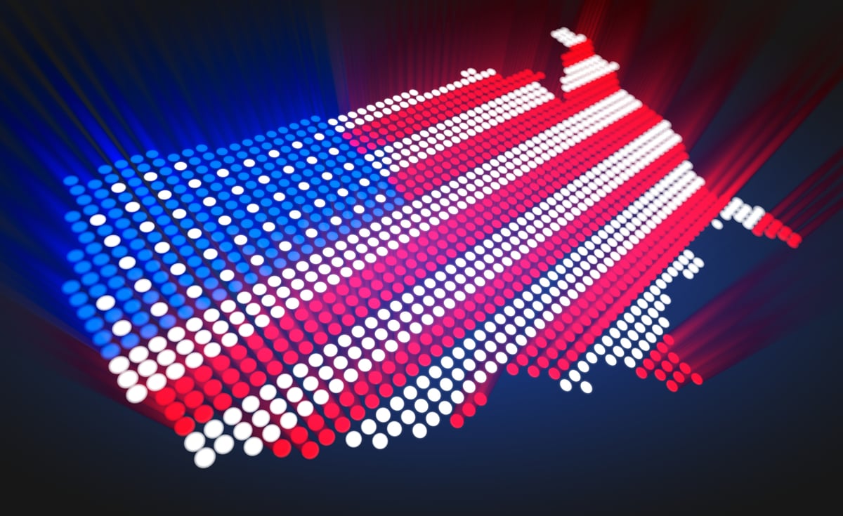 A map of the United States made up of small lights that look like the American flag.