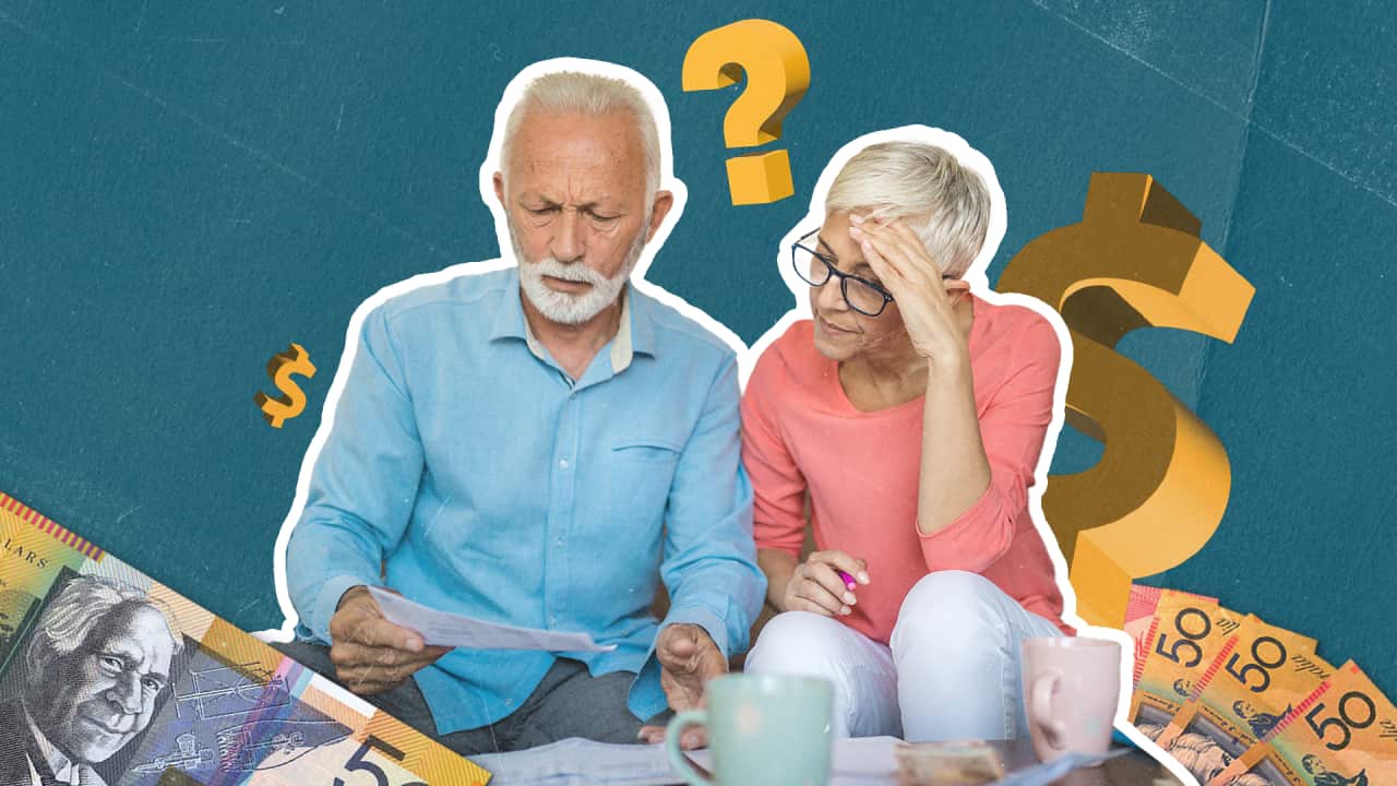 A graphic showing a couple looking at a piece of paper with confused expressions. Dollar signs, question marks and cash motifs surround them.