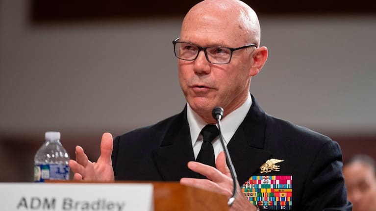 US Navy Admiral Frank Bradley testifies before the Senate Committee on Armed Services on Capitol Hill in Washington, April 28, 2026.