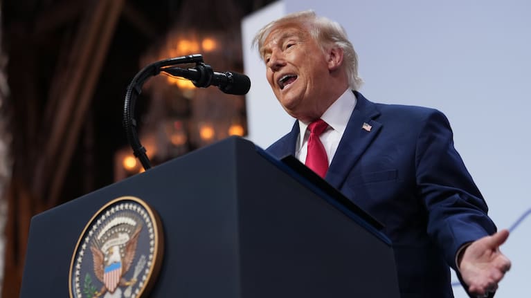 US President Donald Trump speaks during a news conference at the G7 summit.