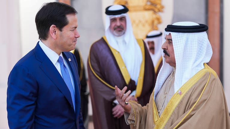 US Secretary of State Marco Rubio, left, and Bahrain's King Hamad bin Isa Al Khalifa share a word after their meeting, at Al-Sakhir Palace near Zallaq, Bahrain Thursday, June 25, 2026.