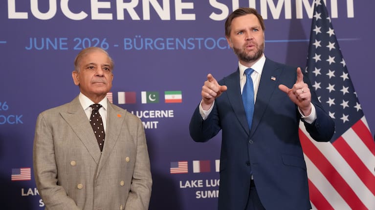 US Vice President JD Vance, right, meets with Pakistan's Prime Minister Shehbaz Sharif, during high-level talks aimed at advancing a deal to end the Middle East conflict.