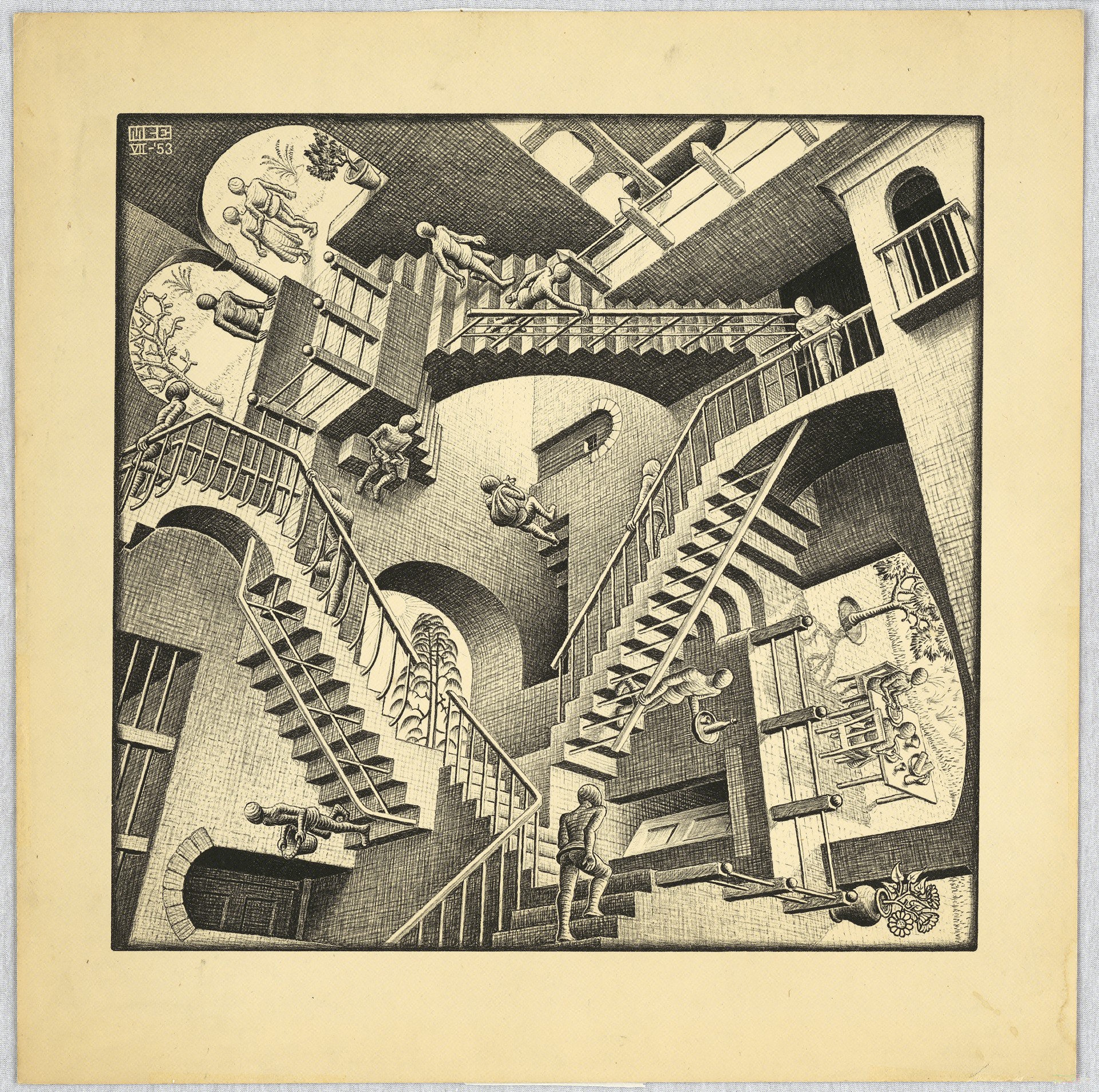 A lithograph depicting a impossible architectural world of interconnected staircases where multiple gravity systems operate simultaneously, with figures climbing in different directions without any shared sense of up or down.