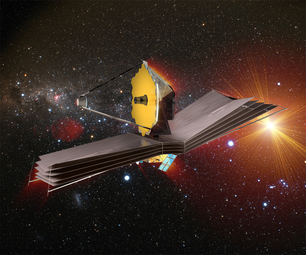 A depiction of a yellow-hexagon mirror attached to a long silver shield-shape object. This is the JWST. In the background, lots of stars across space. Toward the right in the background, glare from one star that is likely the sun.