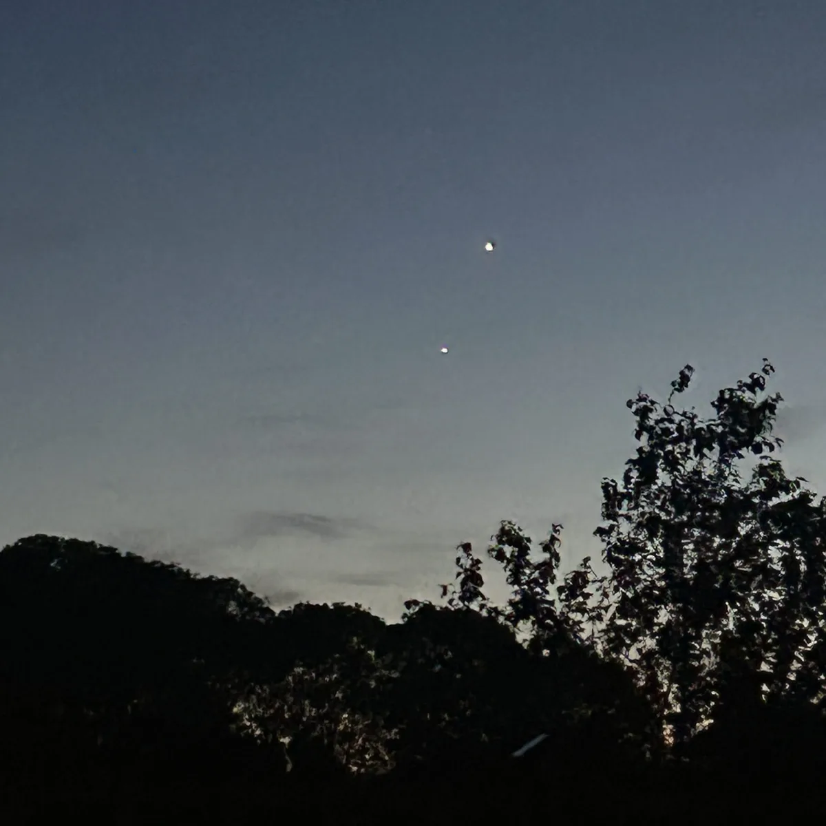Emma Guest captured this view of Venus and Jupiter from Peterborough, UK on 9 June 2026 at 22:40 local time. Equipment: iPhone