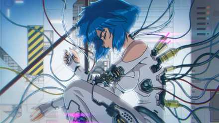A young woman with cybernetic implants sits with her eyes closed in The Ghost in the Shell