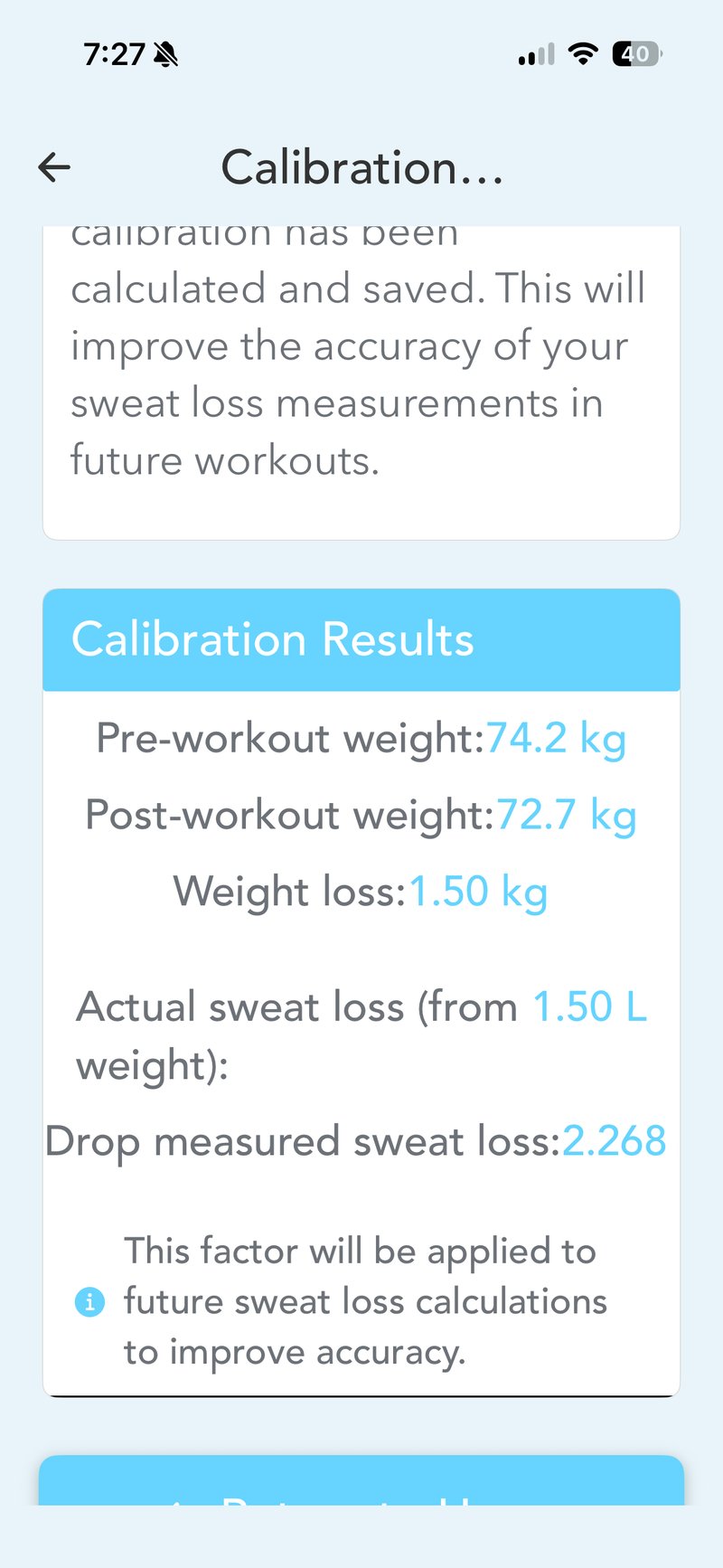 hDrop calibration result: 1.5 L actual vs 2.268 L estimated