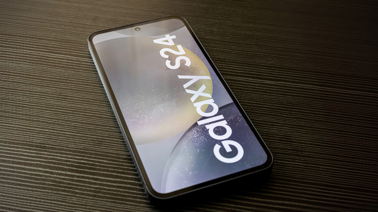 Samsung Galaxy S24 device with title and logo on screen.