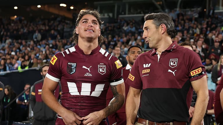 Reece Walsh of the Maroons and Billy Slater, Maroons head coach celebrate winning after game three of the Men's State Of Origin series between New South Wales Blues and Queensland Maroons at Accor Stadium on July 09, 2025 in Sydney, Australia.