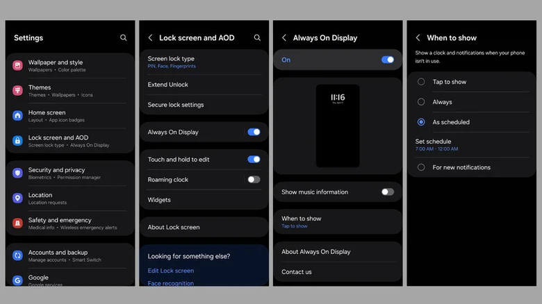 A collage demonstrating always on display settings in Android smartphone OS