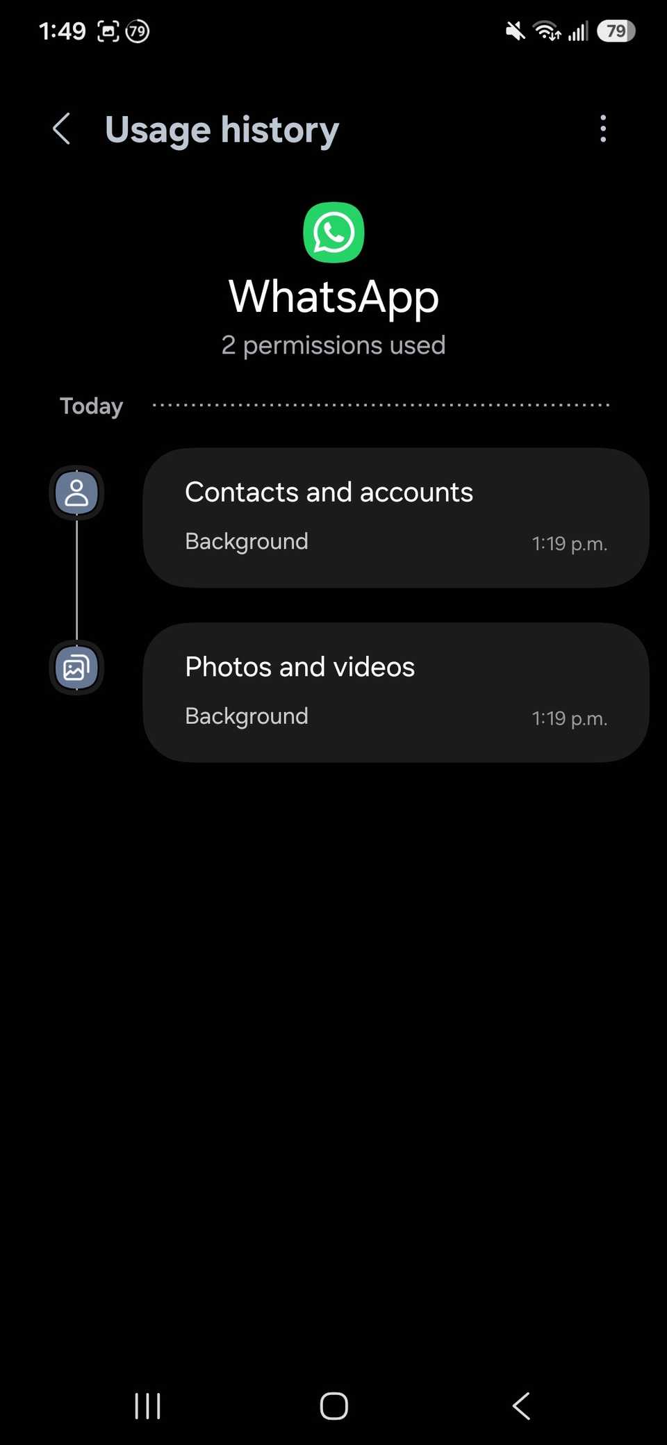 A list of permissions used for WhatsApp showing two categories