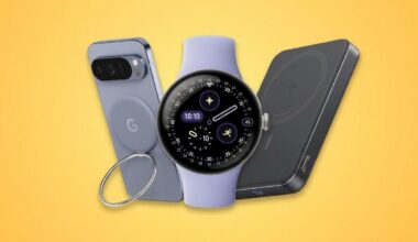 Google Pixel accessories on yellow background