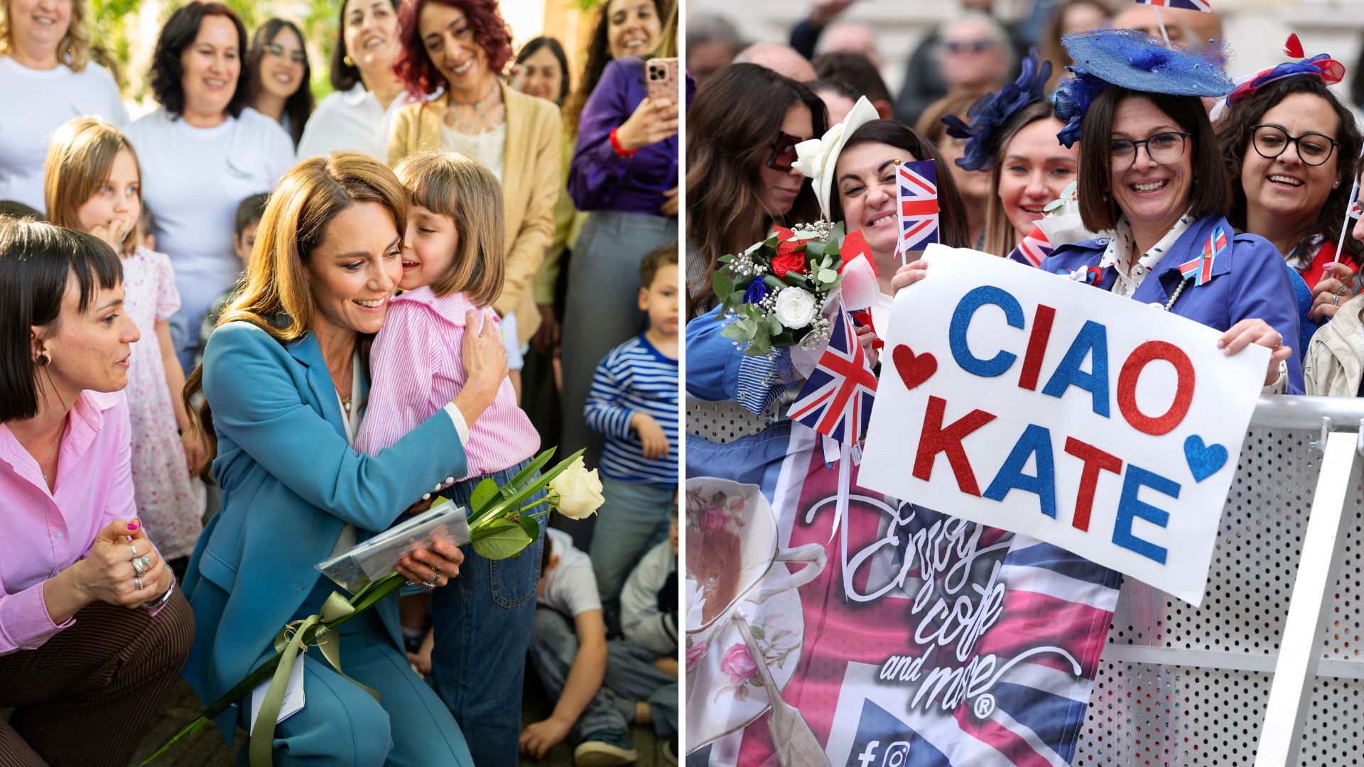 Kate Middleton hugs a child as she arrives in Italy, plus fans holding signs welcoming the Princess