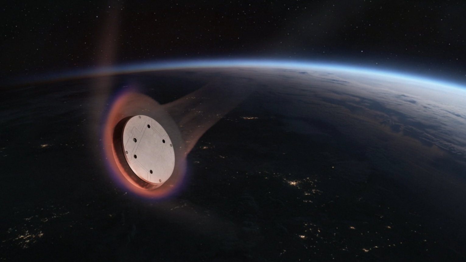 a flat space capsule reenters Earth's atmosphere