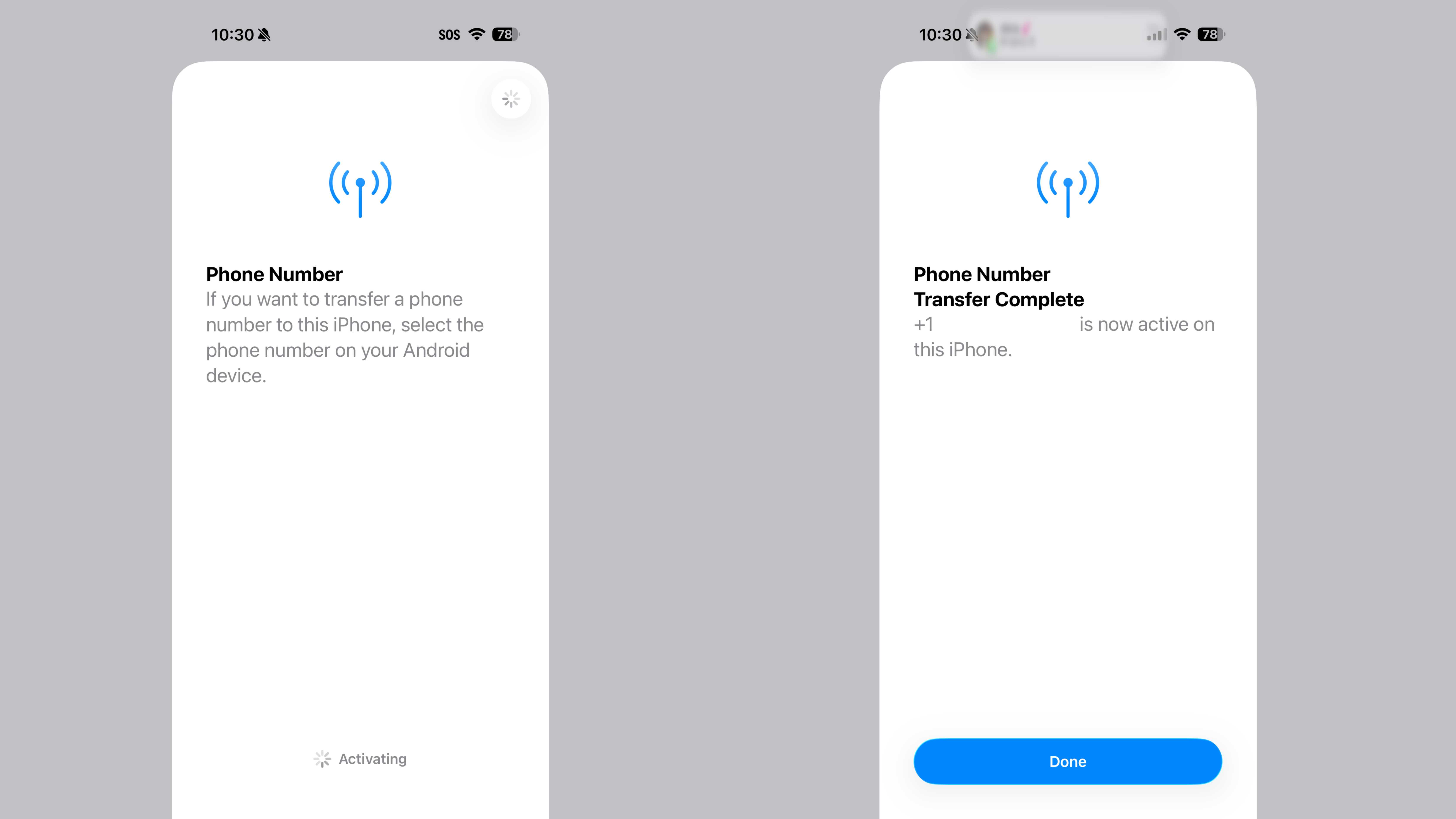 Completing an eSIM transfer between iOS and Android.