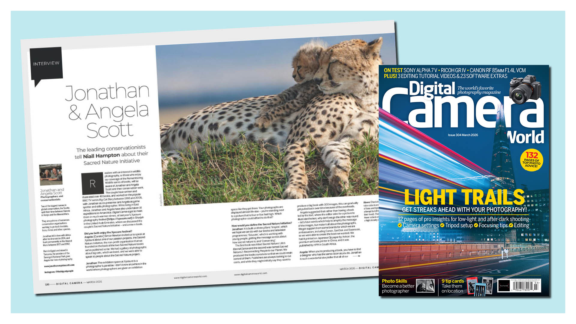 Photo of first two pages of the Jonathan and Angela Scott interview in issue 304 (March 2026) of Digital Camera magazine, and a picture of its front cover with the headline 'Light trails'