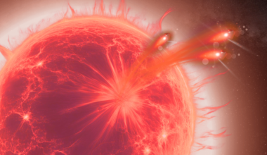 An illustration shows a red giant spitting out blobs of plasma and receiving "kicks" in the opposite direction