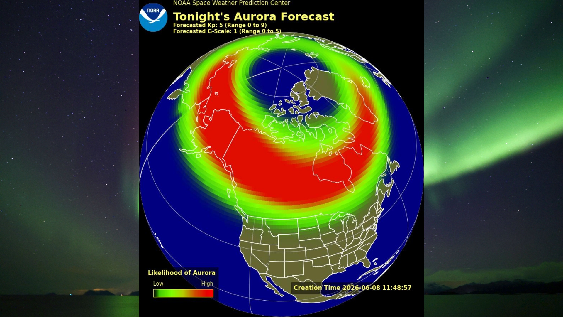 image showing an aurora viewline image of the US and in the background is a stunning aurora photo with ribbons of green light lighting up the sky.