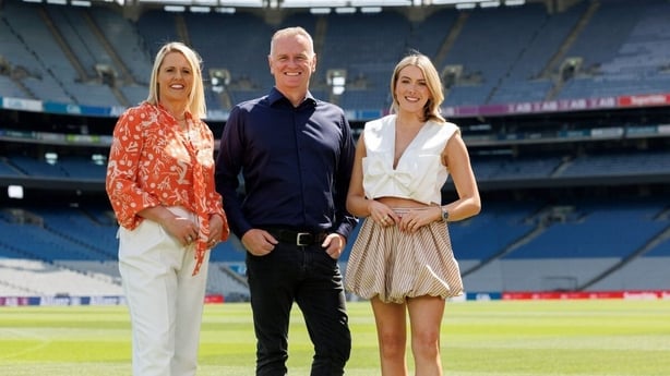 Up for the match presenters Jacqui Hurley, Daithí Ó Sé and Louise Cantillon on the pitch at Croke Park