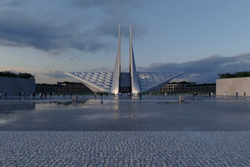 An artist impression of a modern building that looks a bit like a fighter jet.