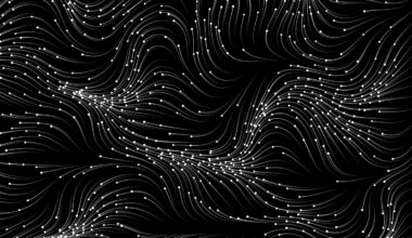 A black background with white wavy lines in patterns and white dots at the top of each line, meant to represent photons