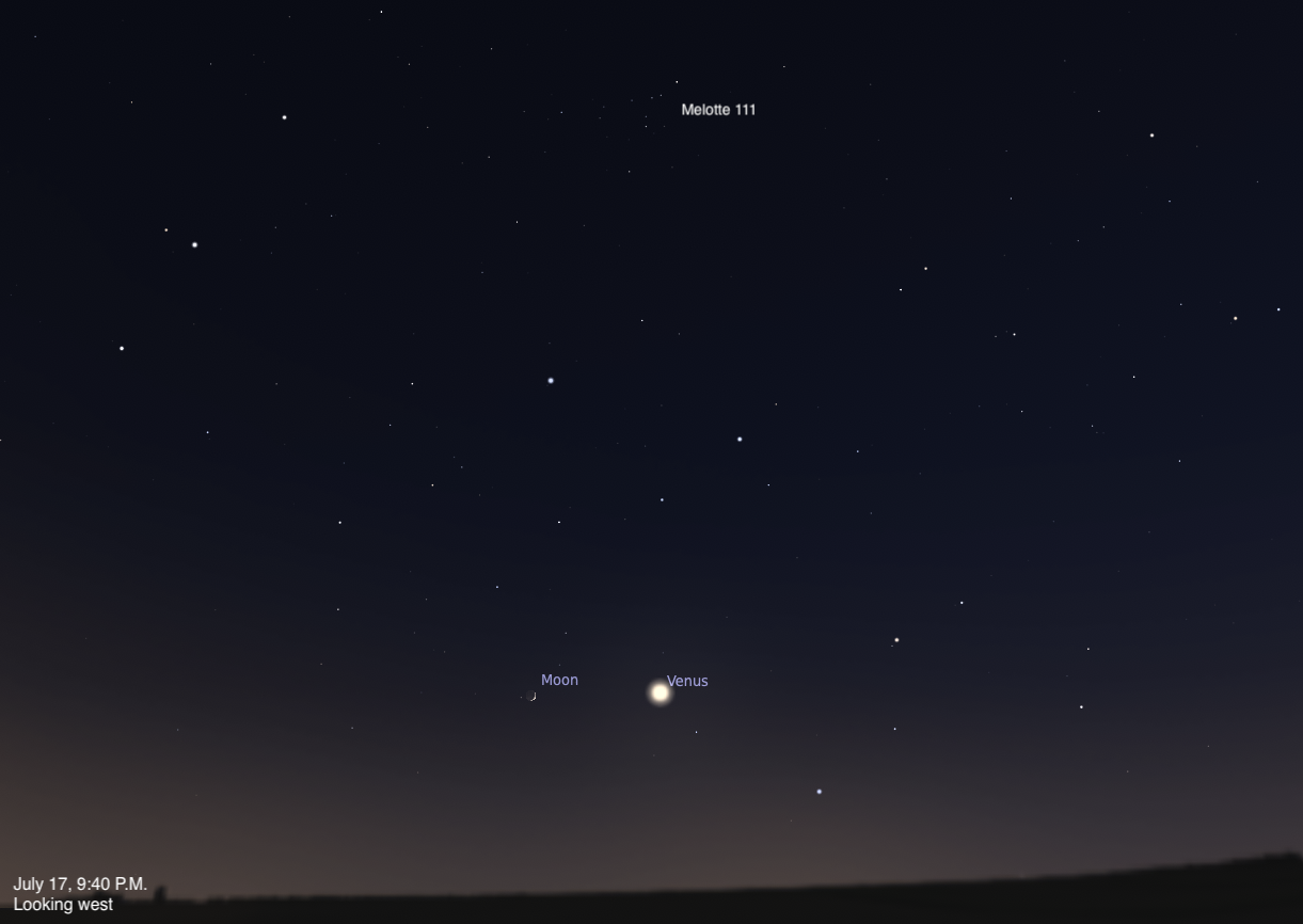 Planetarium simulation of the western sky on July 17, 2026 at 9:40 PM. A thin crescent Moon and Venus appear side by side low on the horizon, with the Melotte 111 star cluster (the Coma Star Cluster) labeled near the top of the frame.