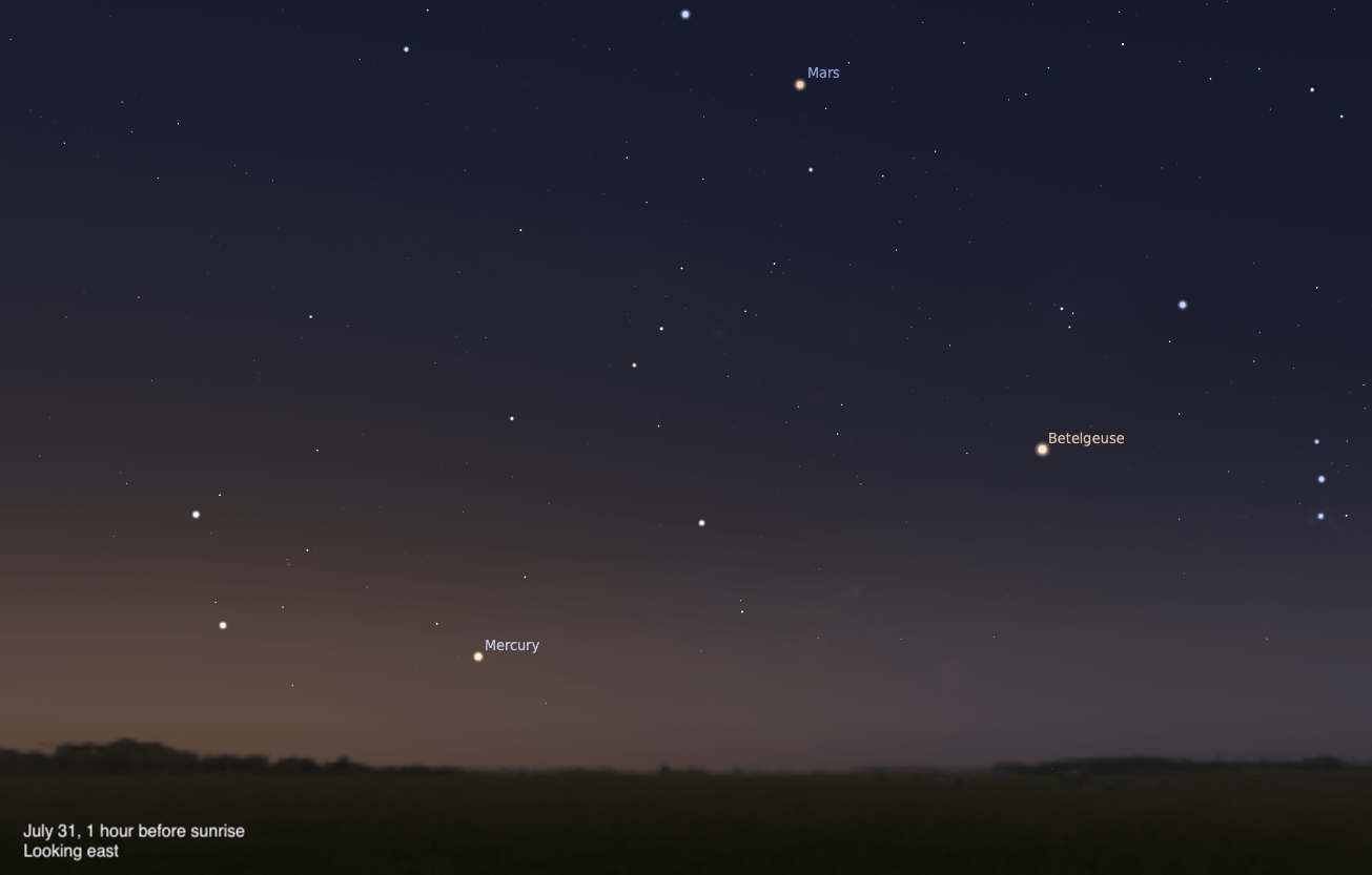 A simulated predawn sky looking east on July 31, 2026, one hour before sunrise. Mars shines as a bright orange point near the top center of the frame, with Betelgeuse glowing warmly to the right. Mercury appears as a bright dot low in the sky above the dark, silhouetted treeline, and the sky fades from deep blue at the top to a warm amber glow near the horizon.