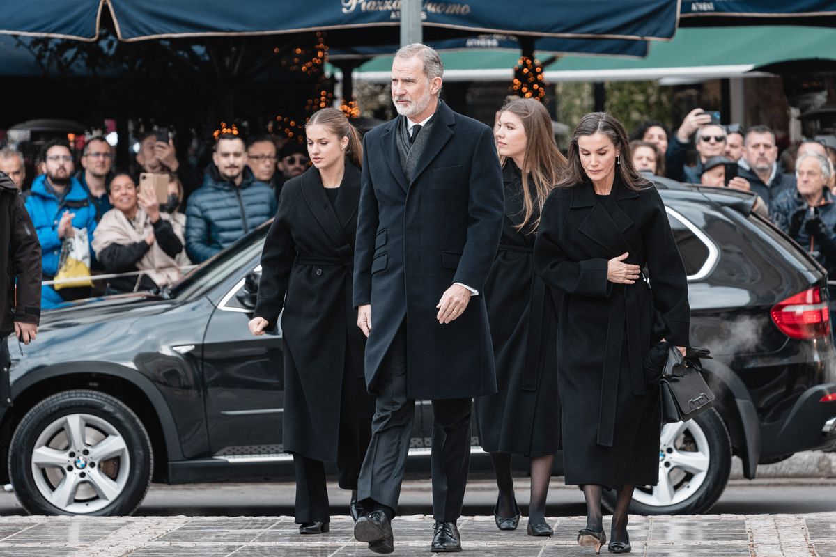 King Felipe VI and Queen Letizia with Princess Leonor and Infanta Sofía at the funeral of Princess Irene of Greece in Athens.