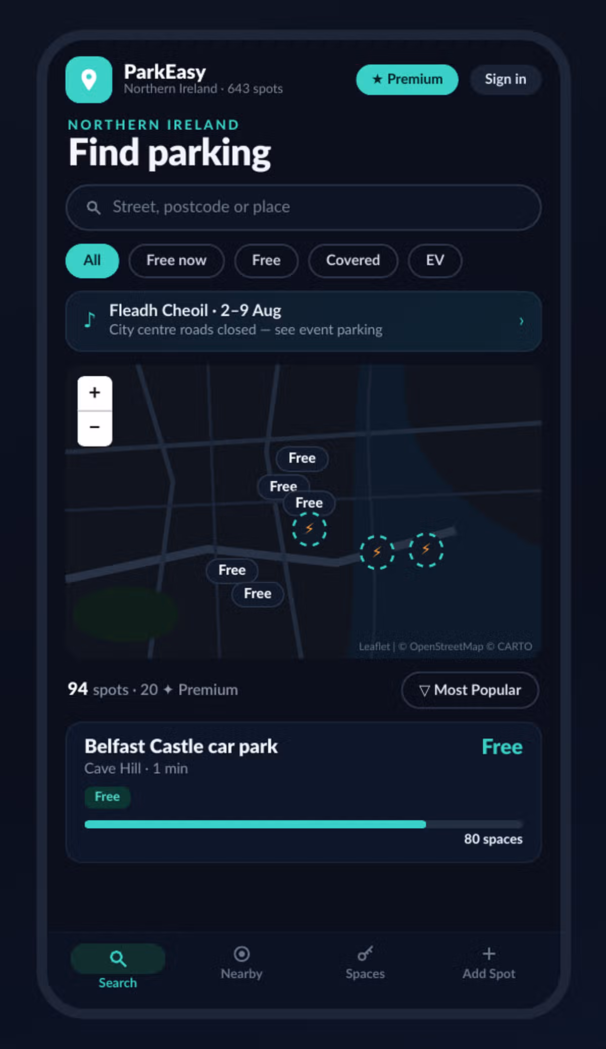 The ParkEasy app shows both free and paid parking spaces