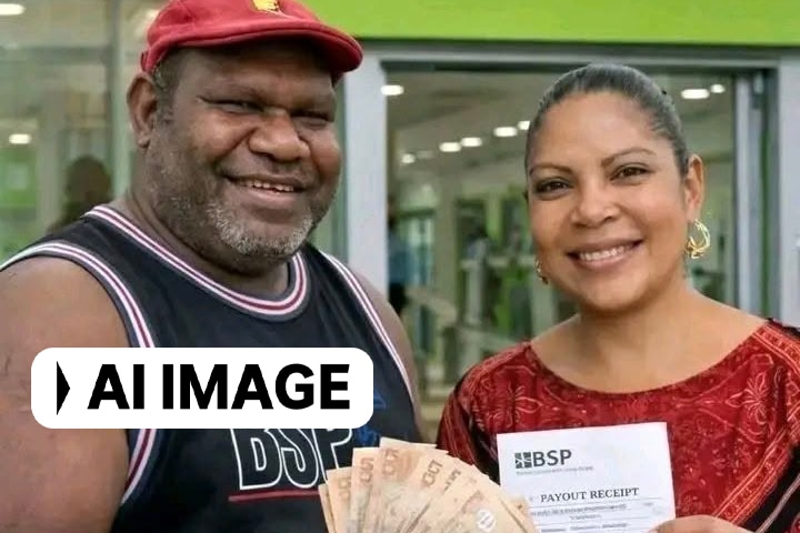 An AI-generated image of a man holding cash and a woman holding a receipt.