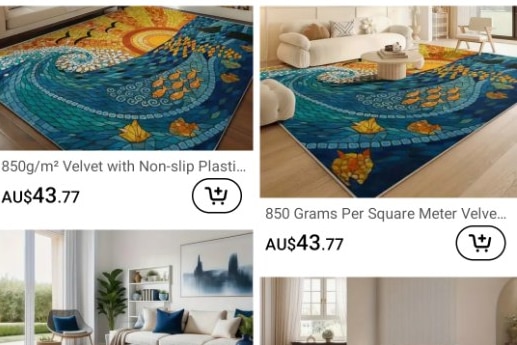 A screenshot of six sellers displaying a sunset wave mosaic printed onto rugs.