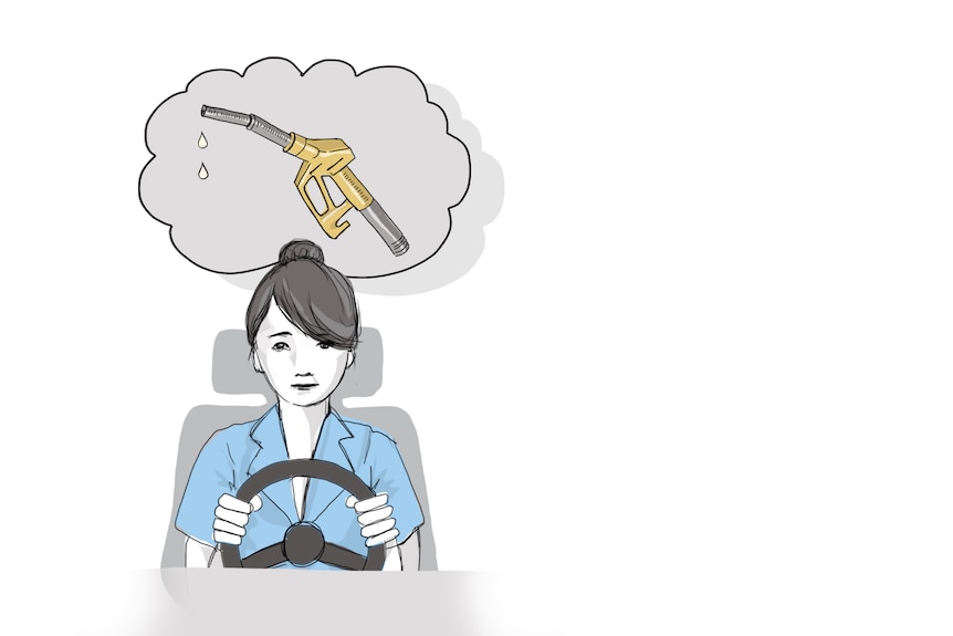 A woman, hair tied in a top bun, blue shirt, driving a car, petrol hose, dripping behind in a cloud.