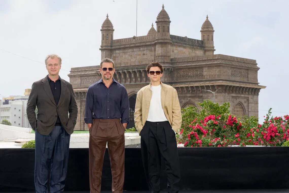 (From left) Christopher Nolan, Matt Damon and Tom Holland at The Odyssey photo call in Mumbai on July 11.