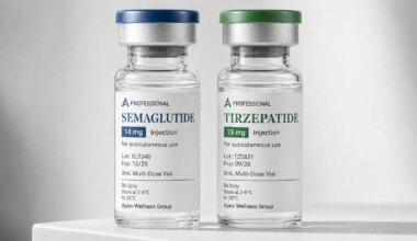 A photo of vials of compounded semaglutide and tirzepatide.
