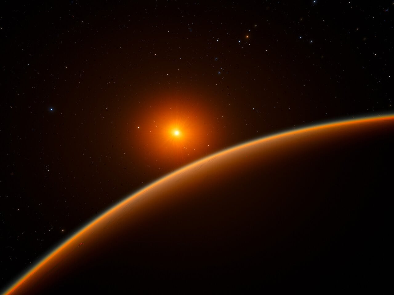 Artist's impression of the planet LHS 1140 b and its host star (Credit : ESO/spaceengine.org)