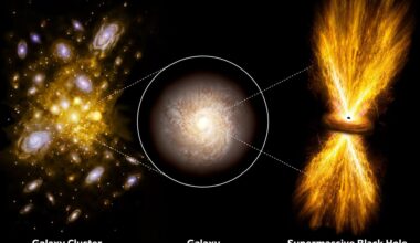 Schematic illustration of the hierarchical structure of the Universe, from a galaxy group (a collection of galaxies) to an individual galaxy and the supermassive black hole at its center. Although a black hole is more than 100 million times smaller than the radius of its host galaxy, it plays a crucial role in the galaxy's central region. ©Tohoku University
