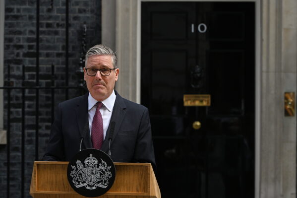 Britain's Prime Minister Keir Starmer speaks to the media outside 10 Downing Street to announce his resignation in London, Monday, June 22, 2026.(AP Photo/Thomas Krych)
