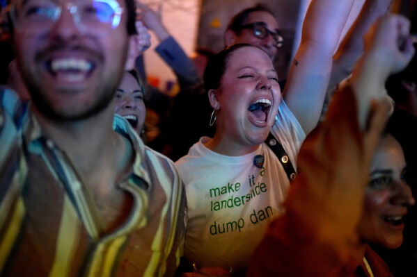 Supporters of Democratic congressional candidate Brad Lander celebrate a win during an election night watch party Tuesday, June 23, 2026, in the Brooklyn borough of New York. (AP Photo/Ryan Murphy)