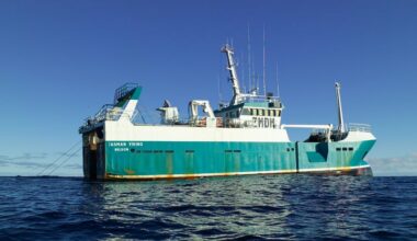 Close up of bottom trawling vessel the Tasman Viking on the High Seas