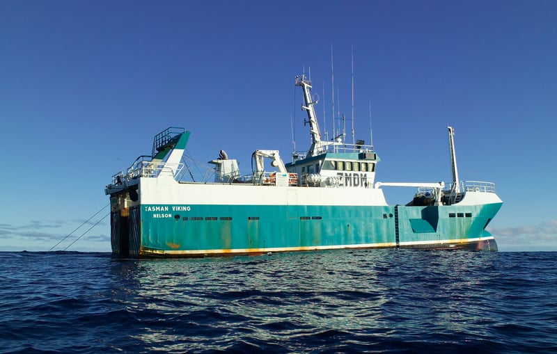 Close up of bottom trawling vessel the Tasman Viking on the High Seas